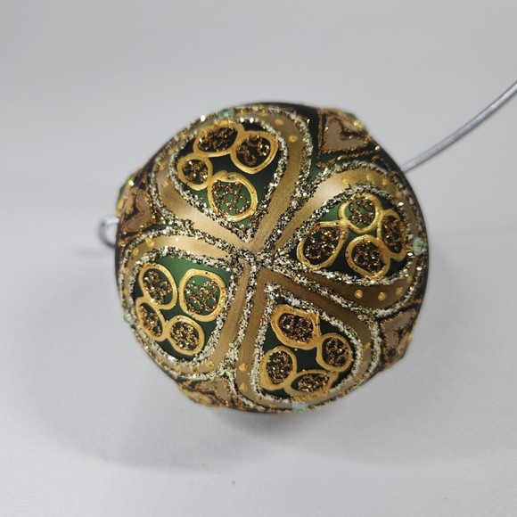 Hand Painted Green Gold Gem Glitter Christmas Tree Bulb Glass Ornament - Picture 6 of 7